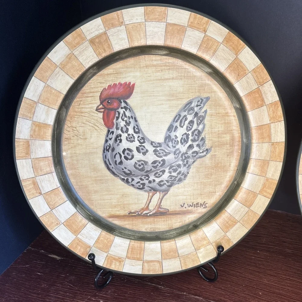 J. Weins Chetah‎ Animal Print Chickens Decorative Plates Set Of 2 Farmhouse